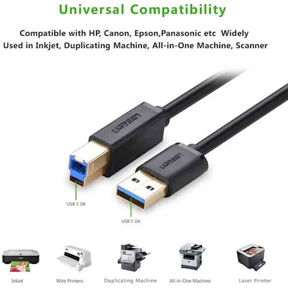 პრინტერის კაბელი UGREEN US210 (10372) USB-B 3.0 Type B to Type A Print Cable 2m (Black) , 2 image - Primestore.ge