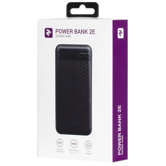 პორტატული დამტენი 2Е Power Bank 20000mAh, DC 5V, 2.1A, Type-C, MicroUSB, USB-А, black , 3 image - Primestore.ge