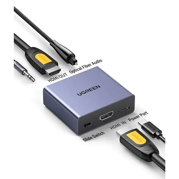 Audio Splitter UGREEN CM531 (60649), HDMI Audio Splitter with OPTICAL + 3.5mm Ports, Gray
