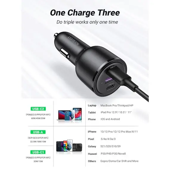 მანქანის დამტენი UGREEN CD239 (20467), 69W, USB, 2xUSB-C, Type-c Black , 2 image - Primestore.ge