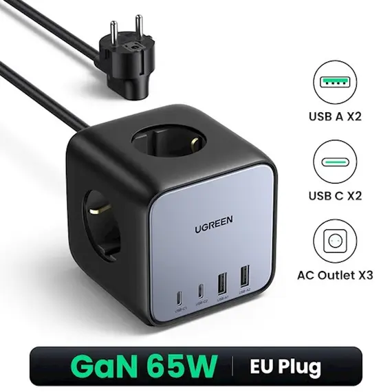 Power distributor UGREEN Charger Type-c CD268 (60113) Dignest, 65W, 3 Socket, USB-A, USB-C, 1.8m, Black, 2 image