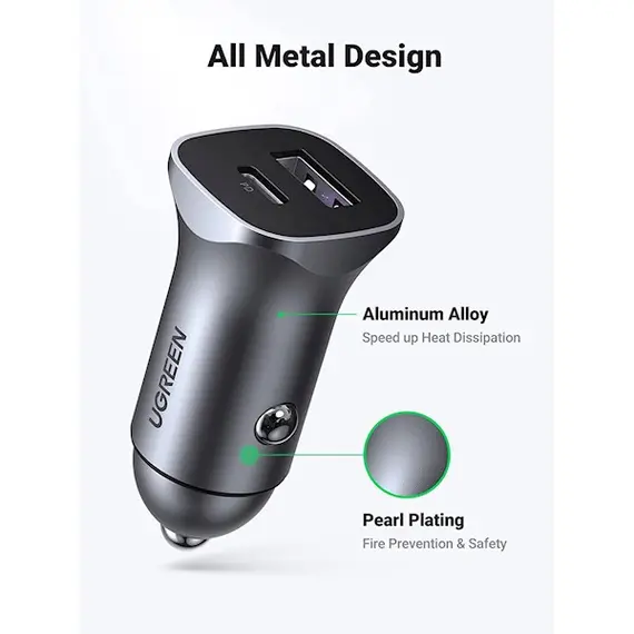 მანქანის დამტენი UGREEN CD130 (40858), 30W, USB, USB-C, Type-c, Space Gray , 2 image - Primestore.ge