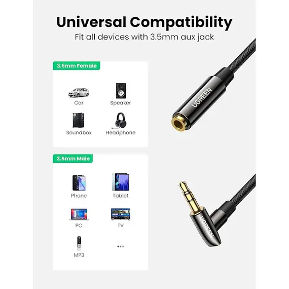 აუდიო ადაპტერი UGREEN AV188 (10683), 3.5mm Male to Female, Extension Cable, 5m, Black , 2 image - Primestore.ge