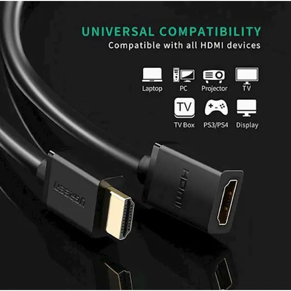 HDMI კაბელი UGREEN HD107 (10142), HDMI Male to Female Cable, 2m, Black , 2 image - Primestore.ge