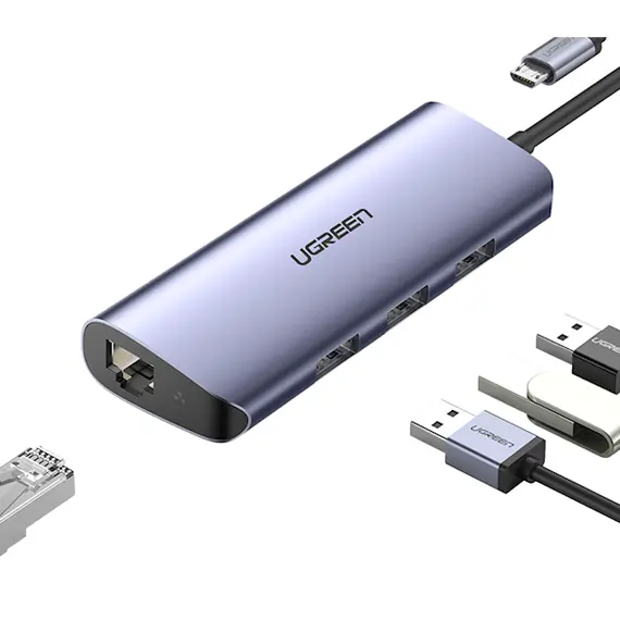 USB hub UGREEN CM252 (60719), USB, RJ45, Micro USB, Gray