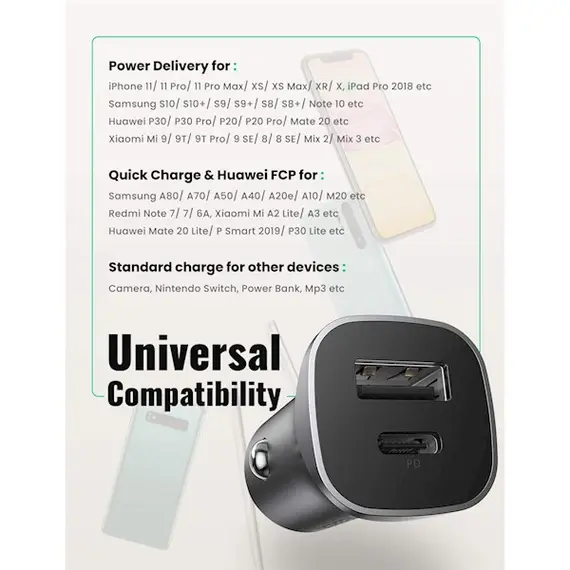 მანქანის USB დამტენი UGREEN CD130 (30780) Dual USB Car Charger 18W Type-C , 3 image - Primestore.ge