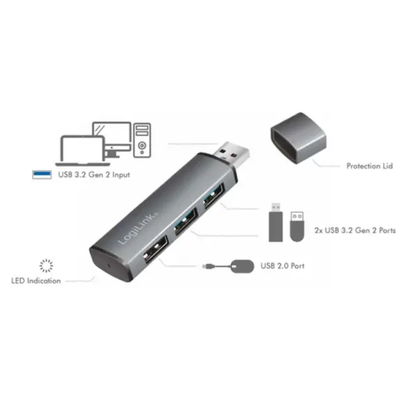 USB ჰაბი Logilink UA0395 USB 3.2 Gen2 3-port Hub with Aluminum Casing , 3 image - Primestore.ge