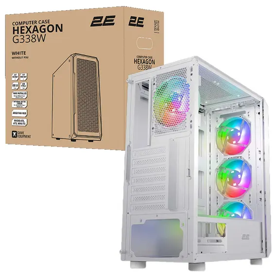 Computer case 2E Hexagon G338W, without PSU, 2xUSB 3.0, 1xUSB Type-C, 1x120mm, 3x120mm ARGB, TG Side Panel, ATX, White