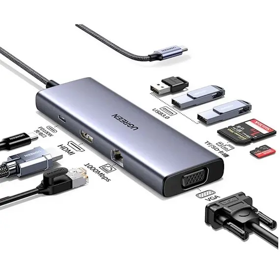 USB ჰაბი UGREEN CM498 (15600), USB-C, USB, HDMI, VGA, RJ45, SD, TF, Hub, Gray  - Primestore.ge