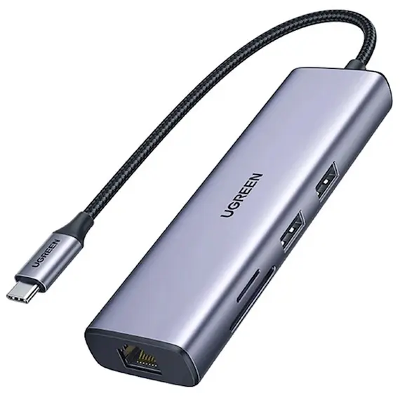 USB ჰაბი UGREEN CM512 (90568), USB-C, USB, HDMI, RJ45, SD, TF, Hub, Gray  - Primestore.ge