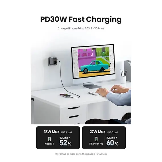 Adapter UGREEN CD314 (90613), 30W, 1 Socket, USB-A, USB-C, Gray, 4 image