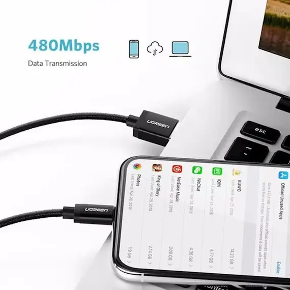 USB კაბელი UGREEN US291 (60156) USB 2.0 A to Apple Lightning Cable Nickel Plating Aluminum Braid 1m (Black) , 4 image - Primestore.ge