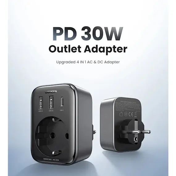 Adapter UGREEN CD314 (90613), 30W, 1 Socket, USB-A, USB-C, Gray, 2 image