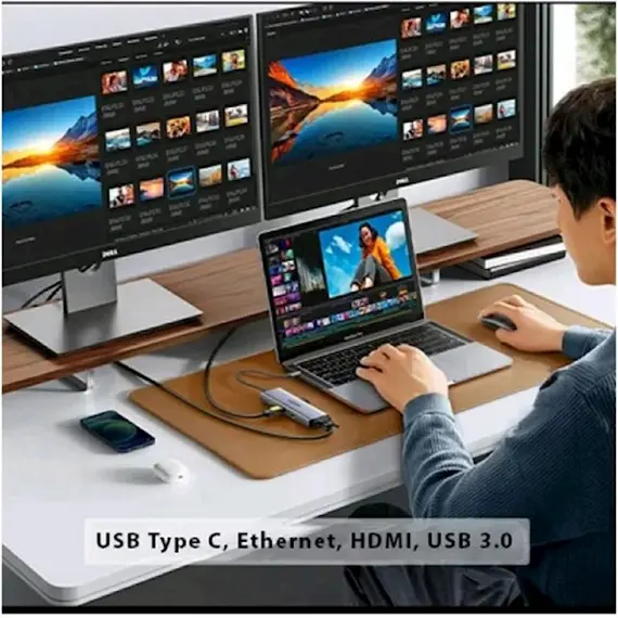 USB ჰაბი UGREEN CM498 (15600), USB-C, USB, HDMI, VGA, RJ45, SD, TF, Hub, Gray , 2 image - Primestore.ge