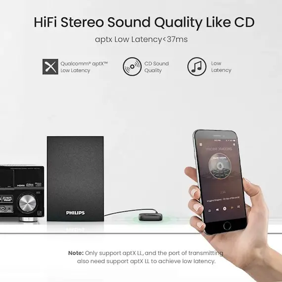 აუდიო ადაპტერი UGREEN CM279 (70304) Bluetooth 5.0 Receiver Audio Adapter APTX with Mic, Black , 5 image - Primestore.ge