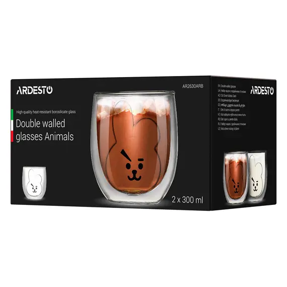 ყავის ჭიქა Ardesto Double wall borosilicate glass mug set Animals, 300 ml, 2 pcs , 2 image - Primestore.ge
