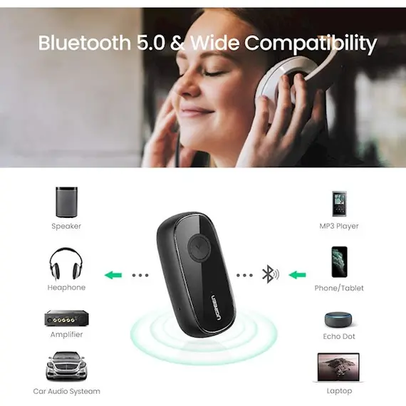 აუდიო ადაპტერი UGREEN CM279 (70304) Bluetooth 5.0 Receiver Audio Adapter APTX with Mic, Black , 3 image - Primestore.ge