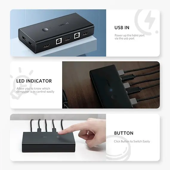 KVM სვიჩი UGREEN CM200 (50744), HDMI 2 IN 1 KVM Switcher, 4K*2K@30HZ, Black , 4 image - Primestore.ge
