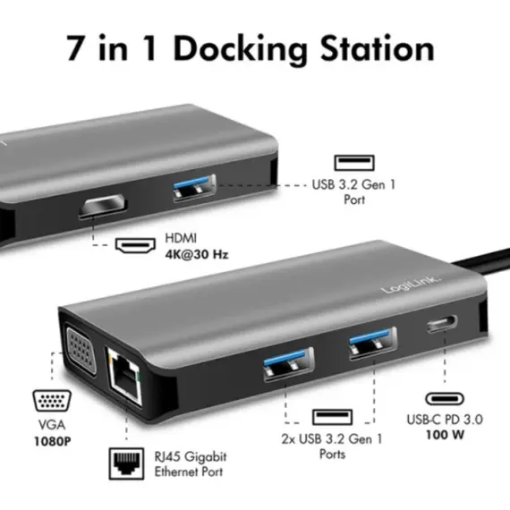 დოქ სადგური Logilink UA0410 USB 3.2 Gen 1 docking station USB-C 7 ports PD anthracite , 3 image - Primestore.ge
