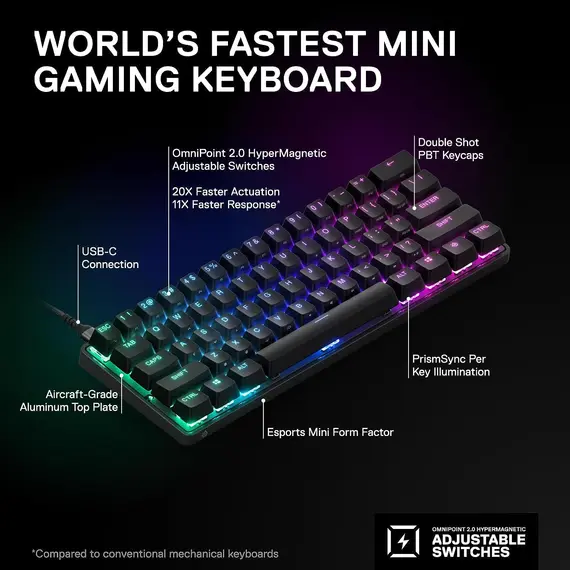 კლავიატურა SteelSeries Keyboard mechanical Apex Pro Mini 61key, HyperMagnetic Switch, USB-A/WL, EN, RGB, black , 4 image - Primestore.ge