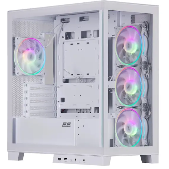 Case 2E Gaming Computer case Fantom GK701W, without PSU, 2xUSB 3.0, 1xUSB Type-C, 4x120mm ARGB, controller with remote, TG Side/Front Panel, mATX, White