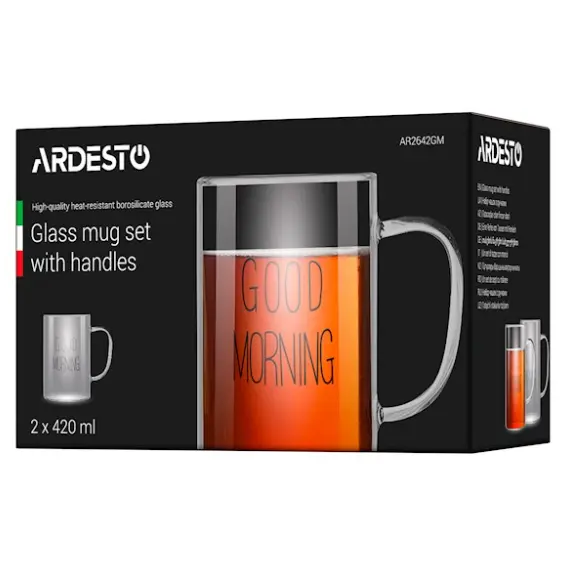 ჭიქების ნაკრები Ardesto Borosilicate glass mug set Good Morning, 420 ml, 2 pcs, with handles , 4 image - Primestore.ge