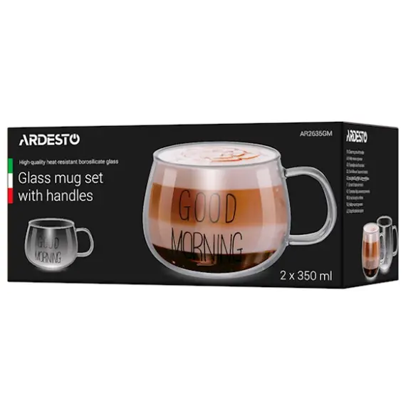 Mug set Ardesto Borosilicate glass mug set Good Morning, 350 ml, 2 pcs, with handles, 4 image