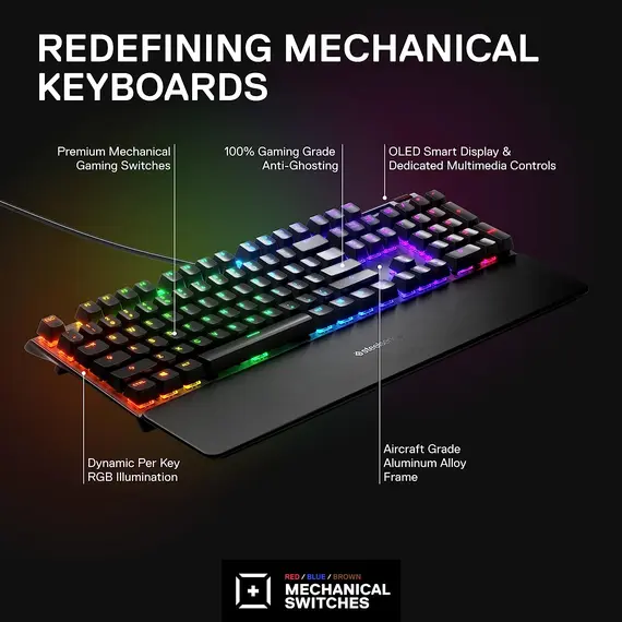 კლავიატურა SteelSeries Keyboard mechanical Apex 7 104key, Red Switch, USB-A, EN, RGB, black , 5 image - Primestore.ge