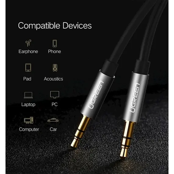 აუდიო კაბელი UGREEN AV119 (10733), 3.5mm Male to 3.5mm Male Cable, 1m, Black - Primestore.ge