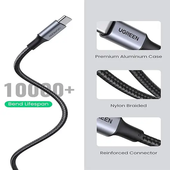 USB კაბელი UGREEN US316 (90120), 100W, Type-c to Type-c, 3m, Black - Primestore.ge