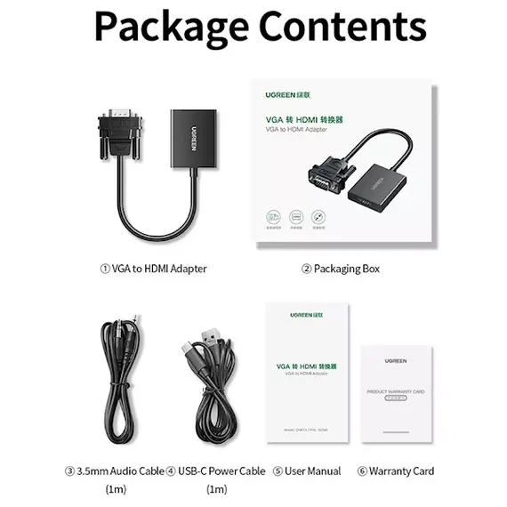 ადაპტერი UGREEN CM513 (50945), VGA To HDMI Adapter With 3.5mm And USB-C, 0.15cm, Black , 5 image - Primestore.ge