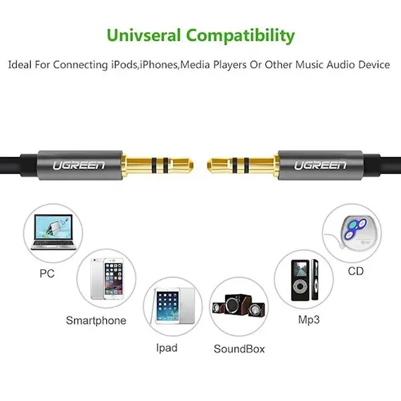 აუდიო კაბელი UGREEN AV119 (10734) 3.5mm Male to 3.5mm Male Audio Cable 1.5M AUX - Primestore.ge