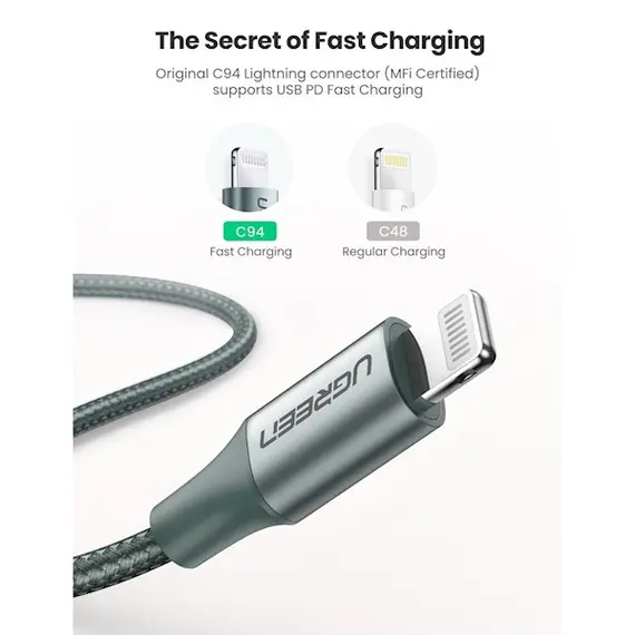USB cable UGREEN US304 (80564), 87W, MFi, USB-C to Lightning, 1m, Midnight Green, 3 image