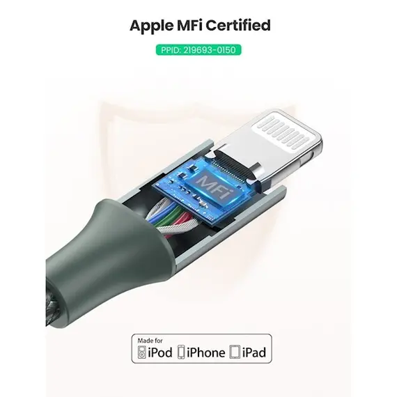 USB cable UGREEN US304 (80564), 87W, MFi, USB-C to Lightning, 1m, Midnight Green, 6 image
