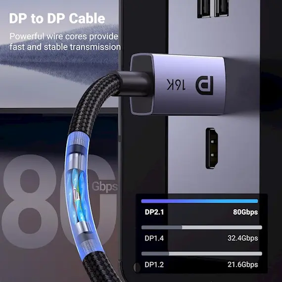 ვიდეო კაბელი UGREEN DP118 (15384), 16K DisplayPort To DisplayPort, 2m, Grey/Black - Primestore.ge