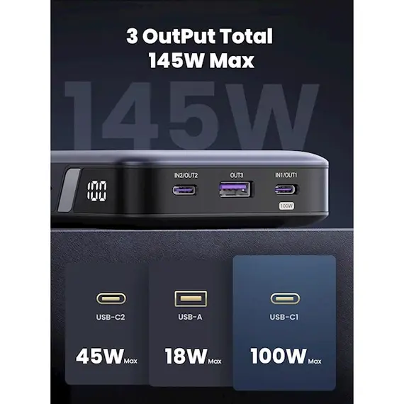 Portable charger UGREEN PB205 (90597A), 25000mAh, USB, Type C, Power Bank, Gray, 5 image