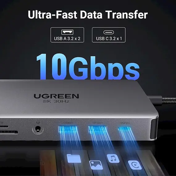USB-C ჰაბი UGREEN CM681 (15965) Revodok Pro 211, Type-C, USB, HDMI, RJ45, PD, TF/SD, Hub, Grey , 8 image - Primestore.ge