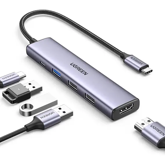 USB-C ჰაბი UGREEN CM478 (15495) Revodok 105, Type-C, USB, HDMI, PD, Hub, Grey  - Primestore.ge