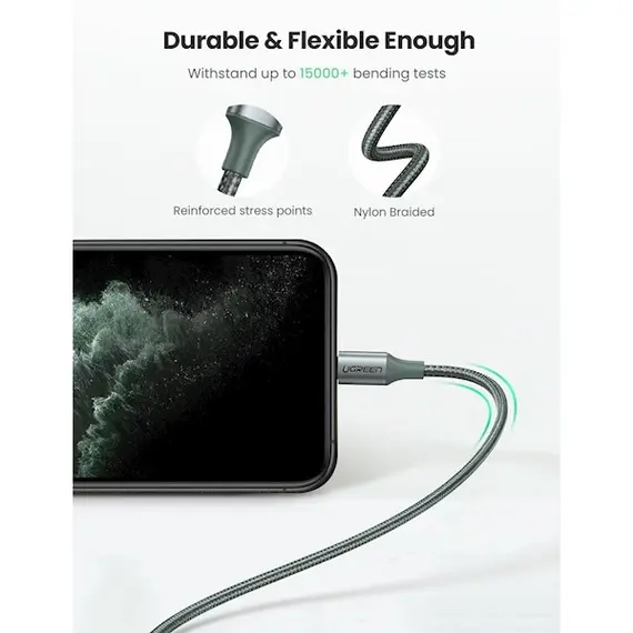 USB cable UGREEN US304 (80564), 87W, MFi, USB-C to Lightning, 1m, Midnight Green, 5 image