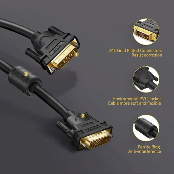 DVI კაბელი UGREEN DV101 (11607), DVI 24+1 Male To Male, 3m, Black , 2 image - Primestore.ge