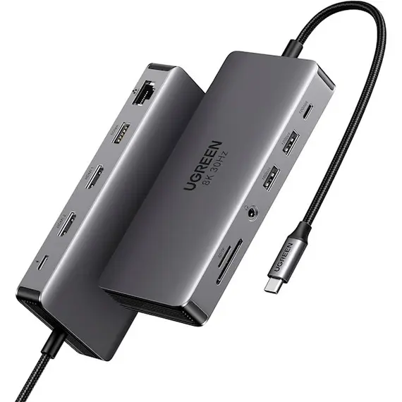 USB-C ჰაბი UGREEN CM681 (15965) Revodok Pro 211, Type-C, USB, HDMI, RJ45, PD, TF/SD, Hub, Grey  - Primestore.ge