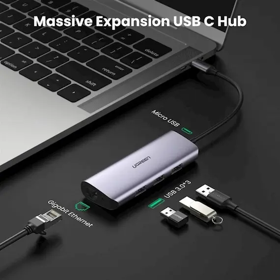 მულტიფუნქციური ადაპტერი UGREEN 60718, USB-C to 3 x USB 3.0 + RJ45 + Micro USB, Multifunction Adapter, Grey , 2 image - Primestore.ge