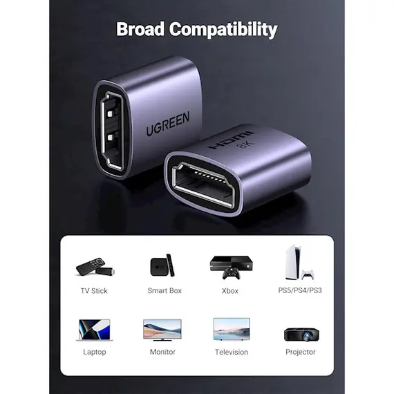 ადაპტერი UGREEN HD159 (90592), HDMI Female to HDMI Female Adapter, Grey , 2 image - Primestore.ge