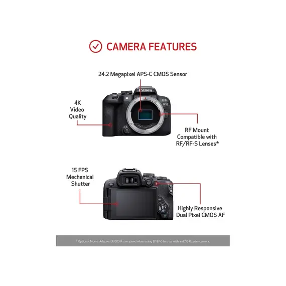 ციფრული ფოტოაპარატი Canon EOS R10 BODY 24.2MP APS-C CMOS Sensor 4K30 Video, 4K60 with Crop; HDR-PQ Multi-Function Shoe, Wi-Fi and Bluetooth - Primestore.ge