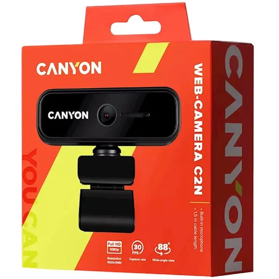 Web camera CANYON C2N, 1080P full HD 2.0Mega fixed focus webcam with USB2.0 connector, 360 degree rotary view scope, built in MIC, 4 image