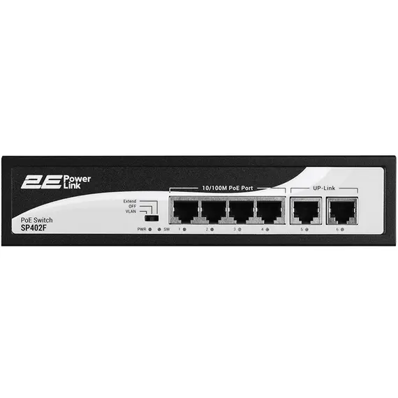 სვიჩი 2E PowerLink Switch SP402F 6xFE (4xPoE, 2xUplink), 55W, Unmanaged - Primestore.ge