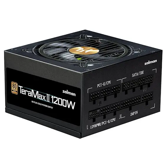 კვების ბლოკი Zalman PSU Teramax 2  (1200W), >90%, 80+ Gold, 120mm, 1xMB 28pin (18+10), 2xCPU 8pin(4+4), 3xMolex, 12xSATA, 4xPCIe 8pin(6+2), 1x12VHPWR, Fully Modular , 2 image - Primestore.ge