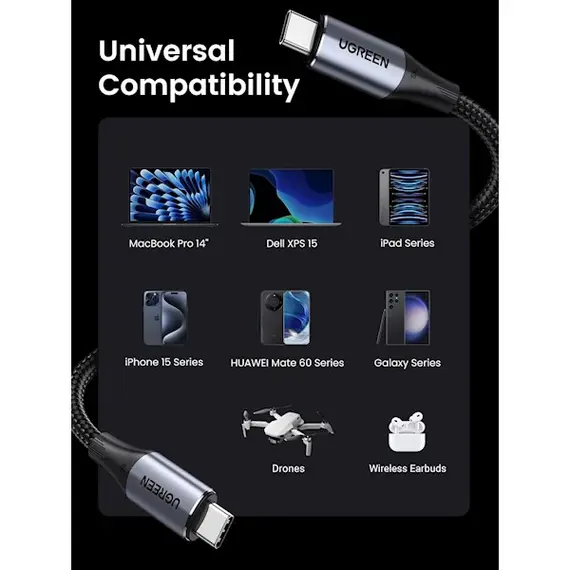 ვიდეო კაბელი UGREEN US355 (80150), 4K Video Cable , 100W Type-c To Type-c USB C To USB C 3.2 Gen 2 Cable, 1m, Black , 4 image - Primestore.ge
