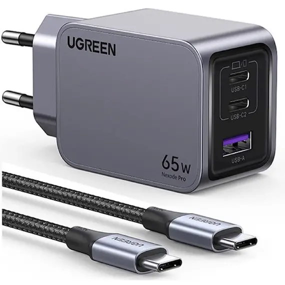 მობილურის დამტენი UGREEN 25871 Nexode Pro, 65W, USB, Type-C, Gray + Type-c Cable 1,5M  - Primestore.ge