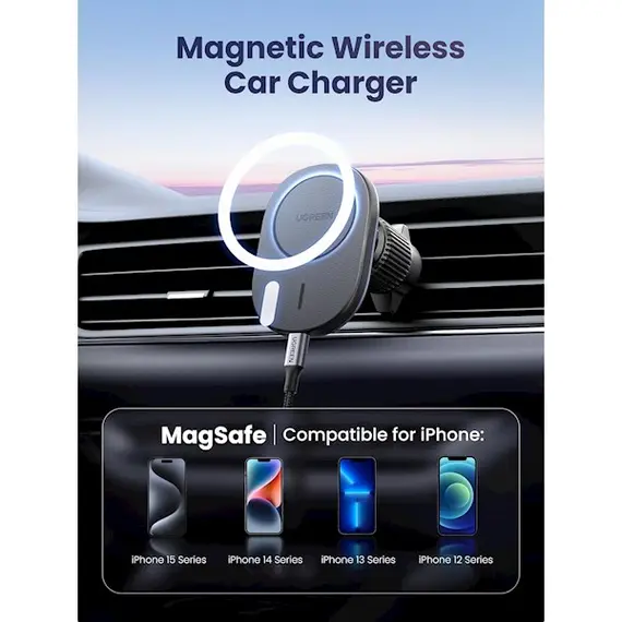 უსადენო დამტენი UGREEN CD345 (15120), 15W, Magnetic Car Wireless Charger MagSafe, Black , 5 image - Primestore.ge